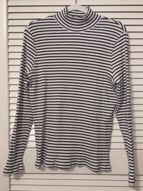 Amanda Smith Black & White Ribbed Striped Mock Neck Long Sleeve Top